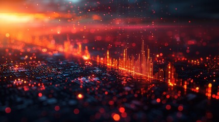 Fototapeta premium Abstract city skyline ablaze in fiery digital art, with glowing particles and bokeh effect.