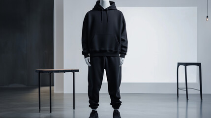 Minimalist black hoodie and joggers set displayed on a mannequin