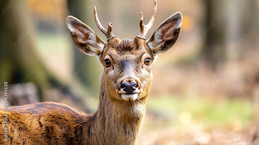 Poster closeup of curious deer with antlers looking directly at the camera in serene forest : generative ai