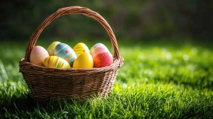 An Easter basket with colorful eggs and a woven wicker base, placed on grass.