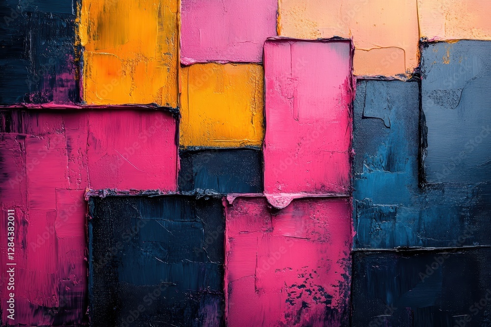 Poster colorful abstract painting with vibrant blocks and textures displayed on a canvas