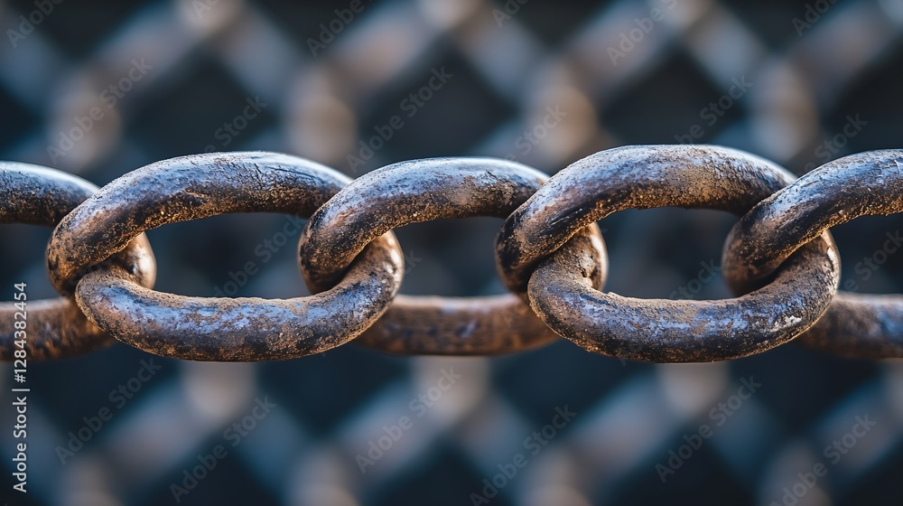 Aufkleber closeup of heavy rusty metal chain links with intricate details against a dark blurred background : 
