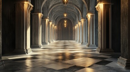 Fototapeta premium Historic corridor with stone arches and lantern lighting