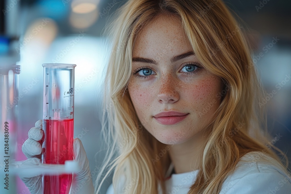 Poster young scientist demonstrates successful experiment with vivid pink solution in laboratory setting