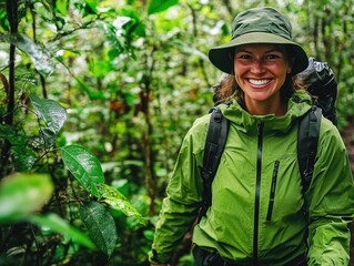 Smiling female hiker on rainforest trail wearing a green jacket, backpack and hat. Adventure travel and eco-tourism focus.
