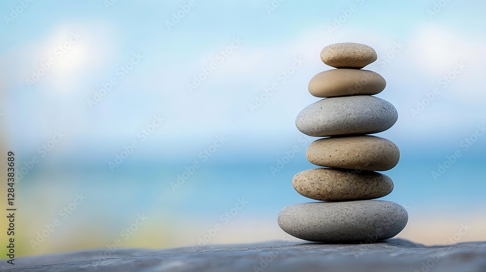 Poster Carefully stacked smooth pebbles creating a serene and soothing zen stone tower on a blurred beach background : Generative AI