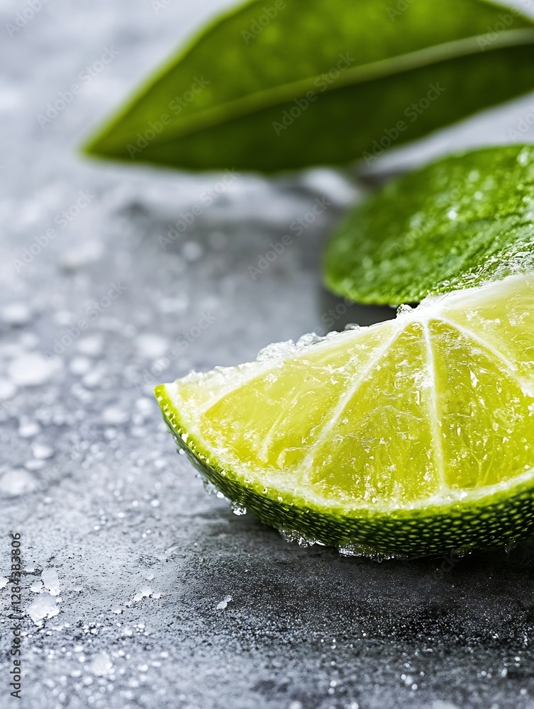 Aufkleber fresh and juicy lime slice with water droplets on a rustic stone background : generative ai