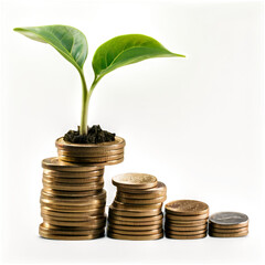 Money and Growth Metaphor: A Vibrant Green Sapling Emerging from Piles of Gold Coins, Representing Smart Investments, Business Expansion, Wealth Management, and Long-Term Financial Planning