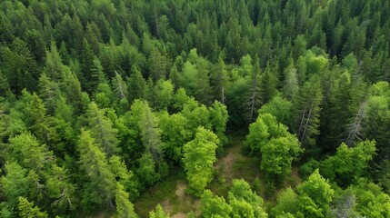 Lush green forest scene captured from above showcasing vibrant tree canopy : Generative AI
