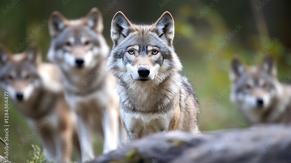 Poster pack of wolves in forest setting with one staring at the camera : generative ai