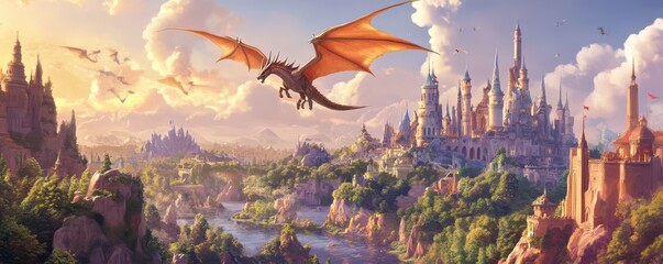 Majestic dragon soaring over enchanted fantasy kingdom at sunset