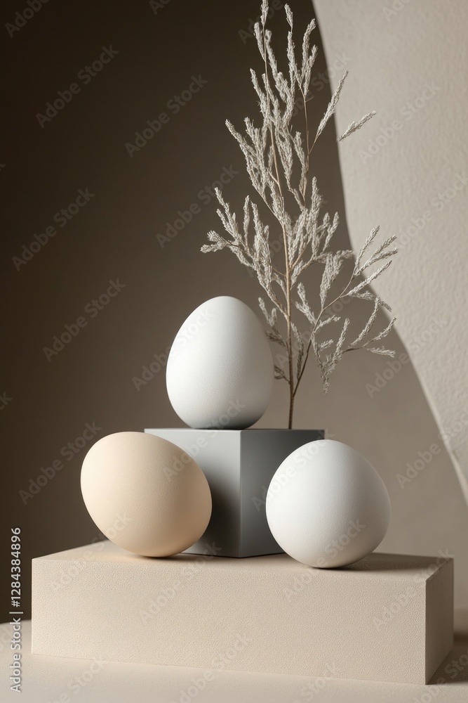 Poster three uniquely designed eggs arranged in a geometric pattern on a gray surface.