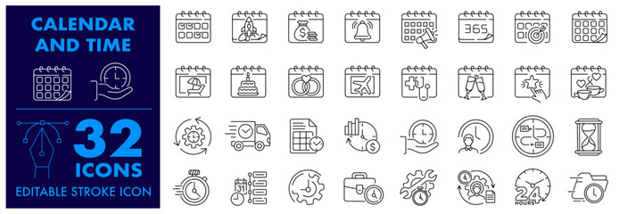 Calendar and Time Icons Organizer, Event, Planner, Meeting, Agenda and Save the date more Editable Stroke Icons set