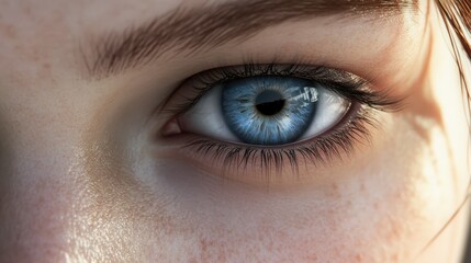 Fototapeta premium Close-up of blue eye with freckles on caucasian female face