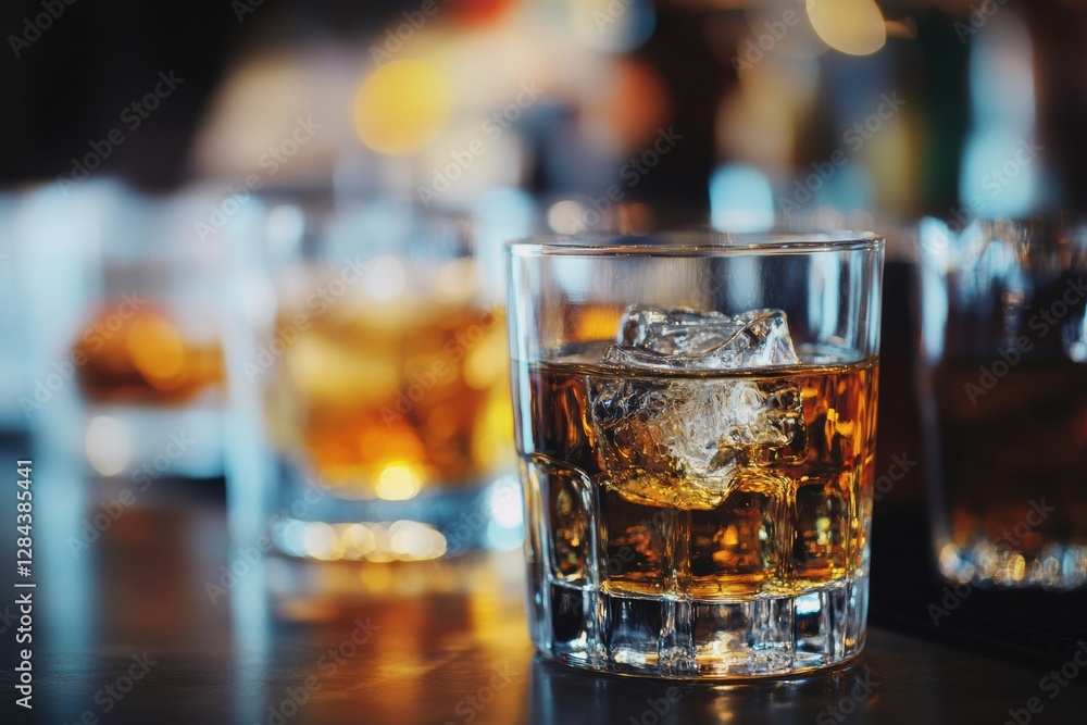 Aufkleber refreshing whiskey glasses with ice on a bar counter during a social gathering at night. generative 
