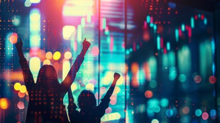Fototapeta premium A team of traders celebrating their success at the stock market in the office. Business, trading / trader, teamwork, financial achievement and technology concept. Abstract, colorful image.