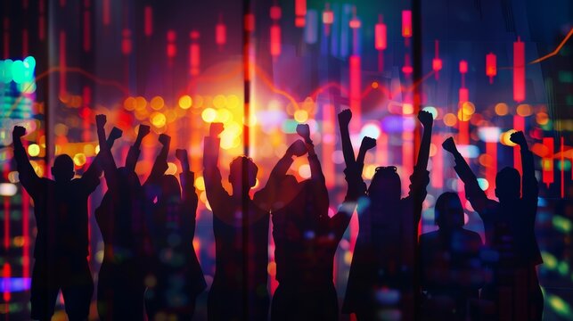 A team of traders celebrating their success at the stock market in the office. Business, trading / trader, teamwork, financial achievement and technology concept. Abstract, colorful image.