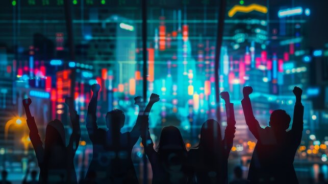 A team of traders celebrating their success at the stock market in the office. Business, trading / trader, teamwork, financial achievement and technology concept. Abstract, colorful image.