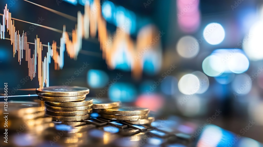 Fototapete stack of golden coins with dynamic financial chart on a blurred background representing growth : gen