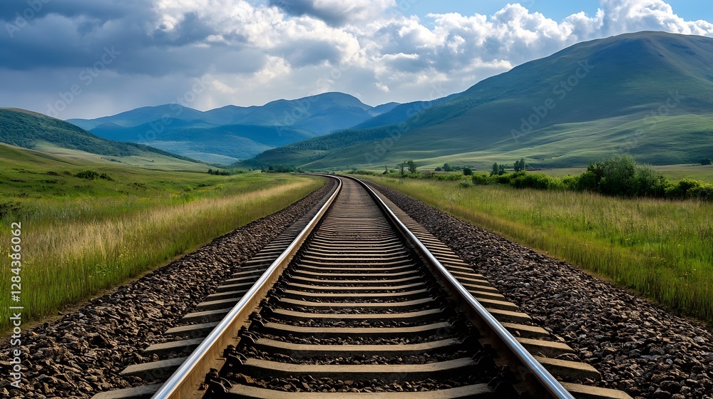 Poster serene landscape featuring railway tracks stretching into the distance surrounded by lush mountains 