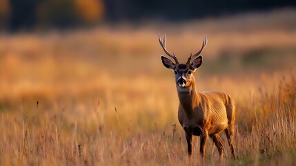 Fototapeta premium Majestic deer standing tall in the golden grass during a beautiful sunset : Generative AI