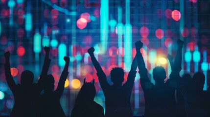 Obraz premium A team of traders celebrating their success at the stock market in the office. Business, trading / trader, teamwork, financial achievement and technology concept. Abstract, colorful image.