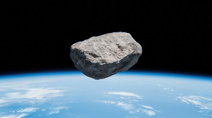 Fototapeta premium A large asteroid floats weightlessly above the Earth's atmosphere, revealing the planet's curvature and deep blue oceans. The scene captures the grandeur of space exploration