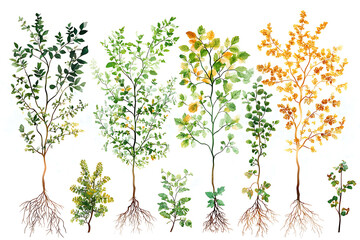 A detailed vector illustration of seeds sprouting with visible roots, showing different germination stages on a clean white background. 