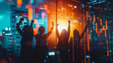 A team of traders celebrating their success at the stock market in the office. Business, trading / trader, teamwork, financial achievement and technology concept. Abstract, colorful image.