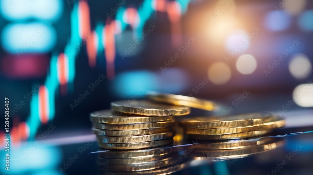 Aufkleber Closeup shot of shiny gold coins stacked on a reflective surface with stock market charts in the background : Generative AI