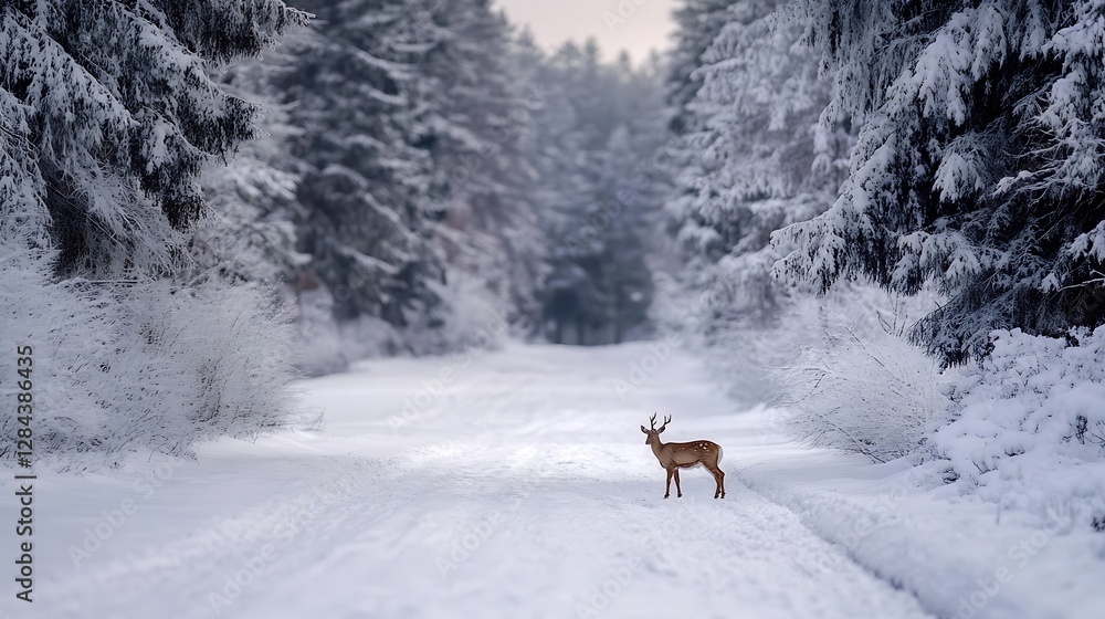 Poster a majestic deer standing alone on a snowy path surrounded by pristine winter forest scenery and fros