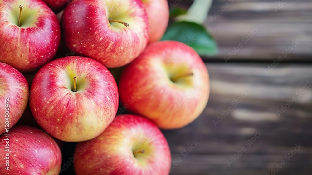 Poster Fresh and juicy red apples neatly stacked on a rustic wooden table reflecting harvest abundance and healthy living : Generative AI