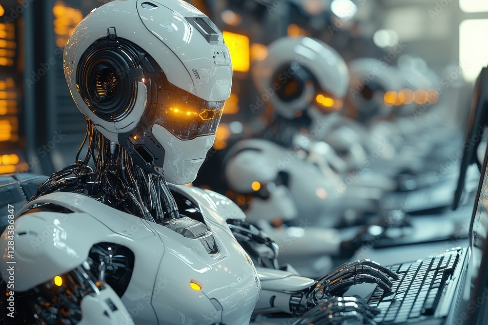 Poster robots working at computer stations in a high-tech facility during a futuristic setting