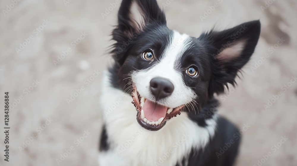 Poster adorable closeup of a happy black and white border collie smiling joyfully at the camera : generativ