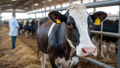 Close-Up of Cow with Yellow Ear Tag in Barn with Straw Bales and Other Cows for Livestock Management
