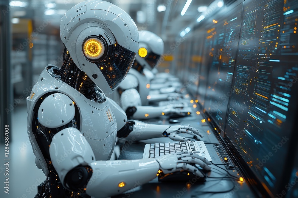 Aufkleber robots working at computer stations in a modern tech facility during daylight hours
