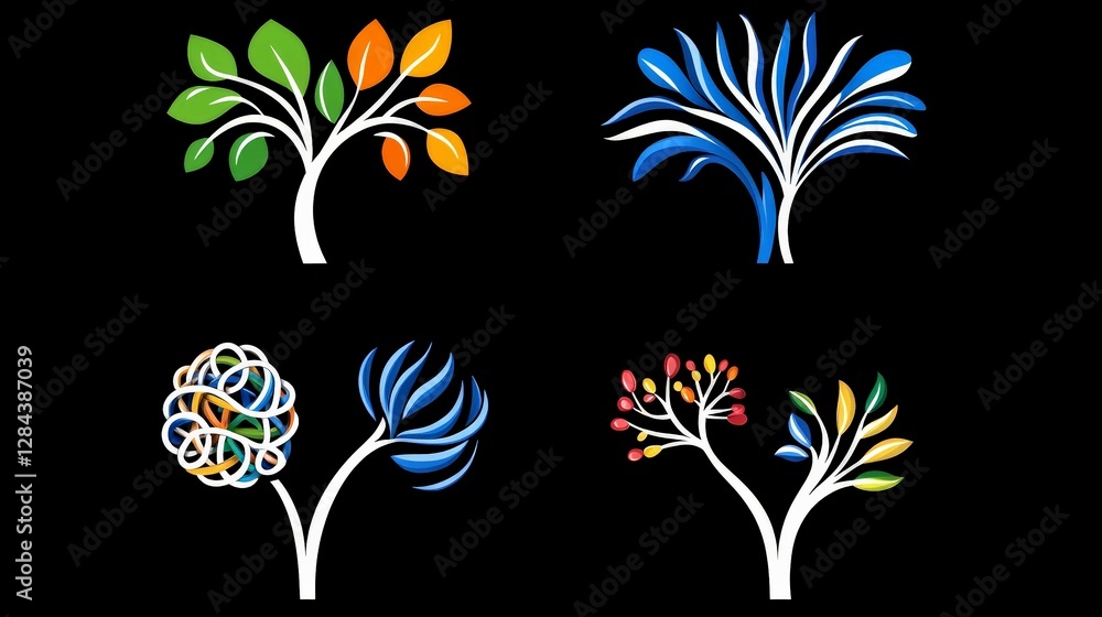Poster colorful artistic tree designs with unique leaf patterns and shapes