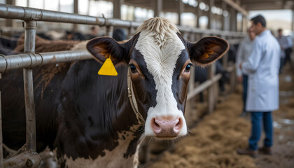 Dairy Cow with Yellow Ear Tag in Barn Looking at Camera with Wooden Beams and Straw for Farming Stock Photography