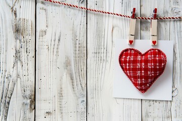 photo frames with red hearts on a clothesline on a wooden background