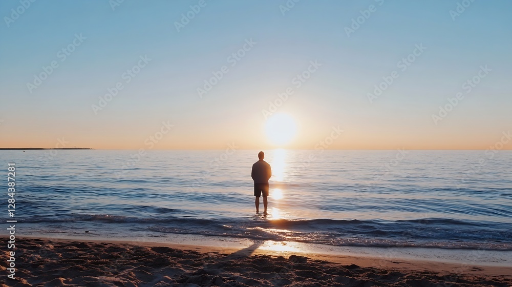 Poster silhouette of a man standing on a beach at sunset with calm ocean waves : generative ai