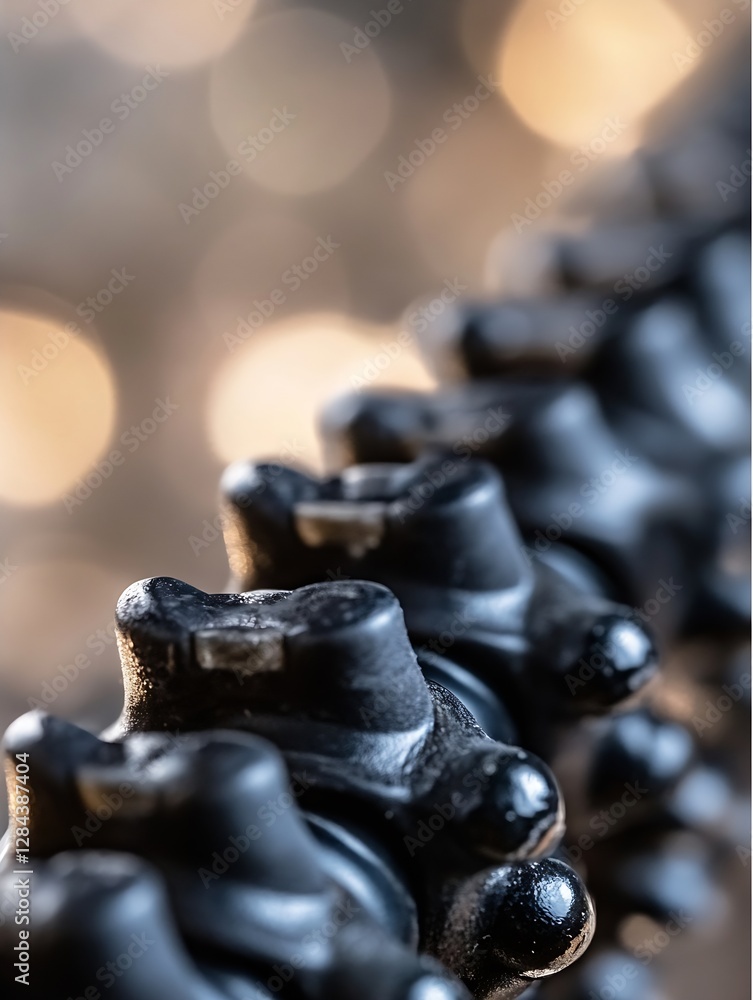 Fototapete Closeup shot of a mechanical object with detailed black components abstractly highlighted by blurred lights in the background : Generative AI