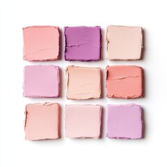 Fototapeta premium A grid of nine pastel paint squares featuring shades of pink and purple is arranged neatly. Each square exhibits a textured appearance, inviting artistic exploration