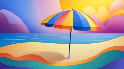 Vibrant Beach Umbrella at Sunset: A Digital Illustration AI Generated