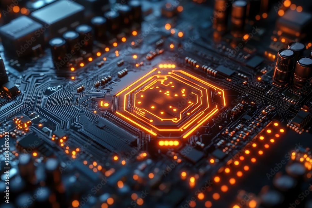 Poster high-tech close-up of a modern circuit board with glowing orange components in a dark environment