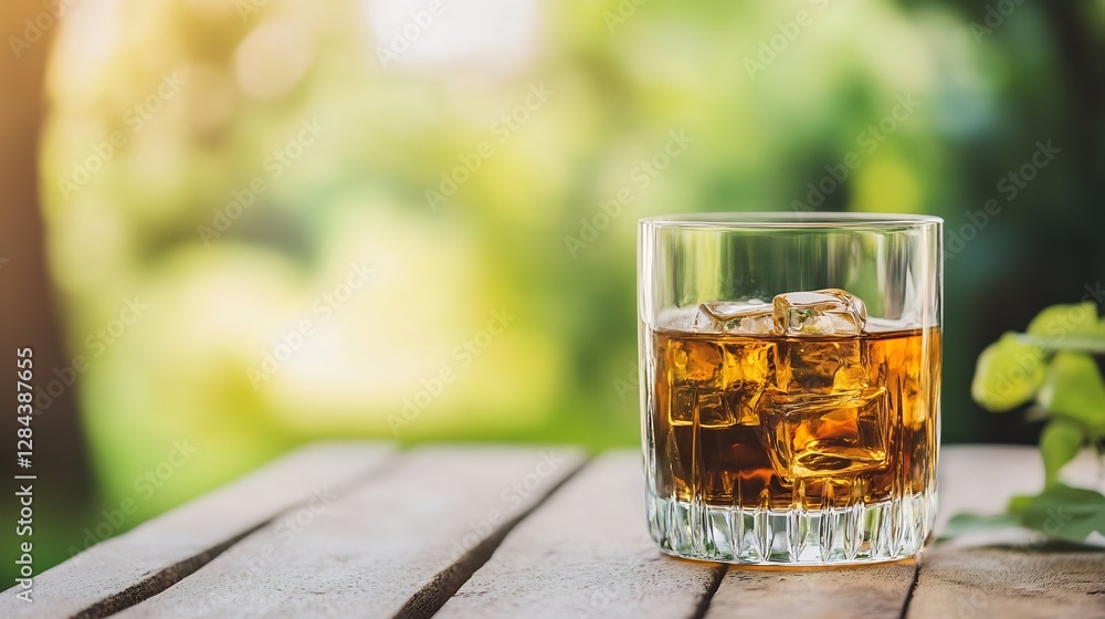Poster stylish glass of whiskey on a rustic wooden table surrounded by a blurred green background : generat