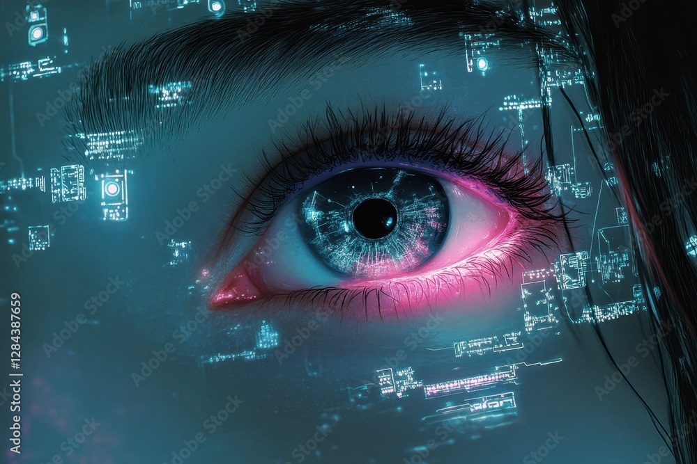 Poster mysterious eye reflecting digital circuits and luminous patterns in a futuristic setting
