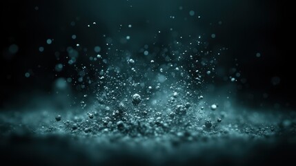 Water droplets fall and strike a surface, resulting in vibrant splashes and a beautiful display of bubbles against a dark backdrop, creating an enchanting visual effect