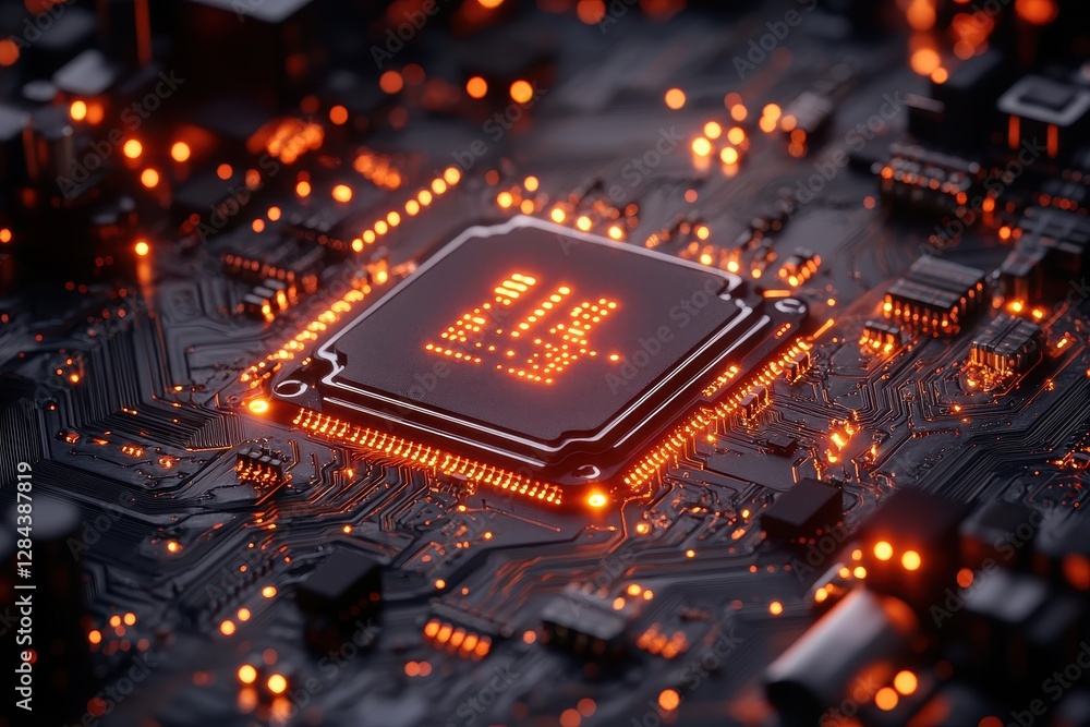 Poster intricate electronic circuitry with glowing components in a modern technology setting