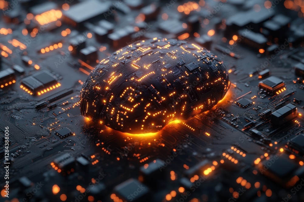 Poster intricate circuitry landscape featuring glowing elements and a central illuminated structure at nigh