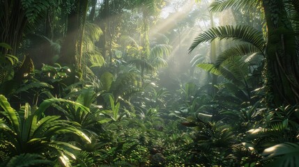 Tropical jungle landscape. Lush, green rainforest with big trees and leaves. Sunlight falling in from above.